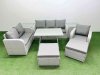 Fimous Rattan High Back Lounge Sofa Set Patio Dining Table & Chairs Set with 3 Seater Sofa Reclining Chair 2 Side Tables 2 Big Stool Light Grey