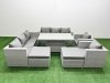 Fimous 7 PCs Rising Dining Table Set Rattan Furniture Set with 3 Seater Sofa Chair 2 Big Footstools Light Grey
