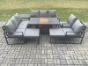 Fimous Aluminium Outdoor Garden Furniture Set Patio Lounge Sofa Gas Fire Pit Dining Table Set with Side Table 2 Big Footstools Dark Grey