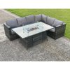 Fimous Outdoor Rattan Garden Corner Sofa Set Garden Furniture Gas Fire Pit Table Dining Sets Gas Heater Lounge Dark Grey 6 Seater