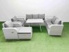Fimous PE Rattan Garden Furniture Set Outdoor Rectangular Dining Table Sofa Set with Reclining Chair Big Stool 2 Side Tables Light Grey