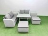 Fimous 6 Seater Outdoor Love Sofa Set Rattan Garden Furniture Set with Rectangular Dining Table 2 Side Tables 2 Big Footstool Light Grey