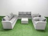 Fimous PE Rattan High Back Lounge Sofa Set Patio Square Coffee Table & Chairs Set with 3 Seater Sofa Reclining Chair 2 Side Table Light Grey