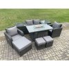 Fimous Rattan Garden Furniture Set Outdoor Patio Gas Fire Pit Dining Table and Chairs with Love seat Sofa 3 Footstools 2 Side Tables