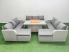 Fimous PE Rattan Lounge Sofa Set 11 Seater Outdoor Garden Furniture Set with Firepit Dining Table 3 Seater Sofa 2 Big Footstools Side Table Light Grey
