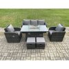 Fimous Garden Patio Furniture Wicker Rattan Gas Fire Pit Table and Chair set with 3 Seater Sofa 2 Small Footstools Dark Grey Mixed