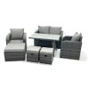 Fimous Outdoor Garden Furniture Set Rattan Sofa Dining Table Set with Reclining Chair 3 Footstool Dark Grey Mixed
