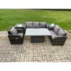 Fimous Outdoor Rattan Furniture Garden Dining Set Patio Height Adjustable Rising lifting Table Reclining Chair Sofa With 2 Side Tables Dark Grey Mixed