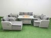 Fimous PE Rattan Garden Furniture Set Reclining Chair Sofa Double Love Seat 2 Seater Sofa Lounge Set Firepit Dining Table 3 Stools 2 Side Table Light Grey