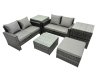 Fimous PE Rattan Garden Furniture Set Lounge Double Seat Sofa Coffee Table Set with 2 Side Tables Big Stool Dark Grey Mixed