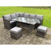 High Back Dark Mixed Grey Rattan Corner Sofa Set Outdoor Furniture Rectangular Dining Table 2 Small Footstools 8 Seater