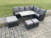 Fimous Outdoor Furniture Garden Dining Set Rattan Corner Sofa Set Rectangular Dining Table with Temper Glass 3 Footstools Dark Grey Mixed