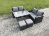 Fimous 6 Seater Wicker PE Rattan Garden Dining Set Outdoor Furniture Sofa with Rectangular Dining Table Double Seat Sofa 2 Small Footstools Dark Grey Mixed