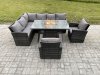 Fimous Rattan Garden Furniture High Back Corner Sofa Gas Fire Pit Dining Table Sets Gas Heater with 2 Armchairs 8 Seater Dark Grey Mixed