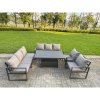 Fimous Garden Aluminium Furniture Set Dark Grey 10 Seater Outdoor Patio Adjustable Rising Lifting Dining Table with 3 Footstools 2 Side Tables Dark Grey