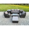Fimous Outdoor Rattan Garden Furniture Set Patio Lounge Sofa Set with Reclining Chair Rectangular Coffee Table 2 Side Tables Big Footstools Dark Grey Mixed