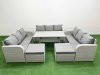 Fimous PE Rattan Lounge Sofa Set 11 Seater Outdoor Garden Furniture Set with Rectangular Dining Table 3 Seater Sofa 2 Big Footstools 2 Side Table Light Grey