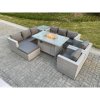 Fimous Light Grey Rattan Fire Pit Garden Furniture Set Gas Heater Burner Lounge Sofa Dining Set Coffee Table Chairs Footstool