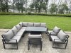 Fimous 10 Piece L-shaped Garden Furniture Set 11-Seater Aluminium Outdoor Dining Set with Adjustable Rising Lifting Dining Table 2 Chairs 2 Small Footstools Dark Grey