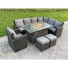 Fimous High Back Rattan Garden Furniture Sets Gas Fire Pit Dining Table Gas Heater Set Right Corner Sofa Small Footstools Chair 9 Seater
