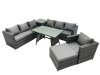 Fimous Outdoor Corner Sofa Chair Dining Table Set Garden Rattan Furniture Set 8 Seater with Side Table Big Stool Dark Grey