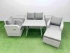 Fimous Light Grey PE Wicker Rattan Garden Furniture Set Sofa Set Reclining Chair Love Sofa Rectangular Dining Table Big Stool 2 Side Tables