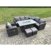 Fimous Garden Patio Furniture Wicker Rattan Gas Fire Pit Table and Sofa Chair set with Side Table 2 Small Footstools