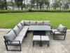 Fimous 7 Piece L-shaped Garden Furniture Set 8-Seater Aluminium Outdoor Dining Set with Adjustable Rising Lifting Dining Table Dark Grey