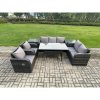Fimous Dark Grey PE Wicker Rattan Garden Furniture Set Reclining Chair Love Sofa 2 Seater Sofa Set Outdoor Rectangular Dining Table 2 Side Tables 7 Seater