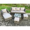 Fimous 6 PCS Outdoor Lounge Sofa Set Wicker PE Rattan Garden Furniture Set with Armchair Square Coffee Table 3 Small Footstools Dark Grey Mixed
