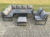 Fimous Aluminium Outdoor Garden Furniture Corner Sofa Gas Fire Pit Dining Table Sets Gas Heater Burner with 2 Chairs Big Footstool Dark Grey 9 Seater