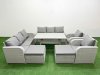 Fimous PE Rattan High Back Lounge Sofa Set Patio Rectangular Dining Table & Chairs Set with 3 Seater Sofa Reclining Chair 2 Big Footstool Light Grey