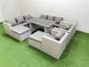 Fimous 10 Seater Wicker PE Rattan Furniture Outdoor Dining Table 3 Seater Sofa Armchair Set with 2 Side Tables 2 Big Stools Light Grey
