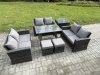Fimous 7 PCS Outdoor Lounge Sofa Set Wicker PE Rattan Garden Furniture Set with Rectangular Dining Table Love Seat Sofa Side Table 2 Small Footstools Dark Grey Mixed