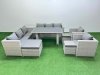 Fimous 11 Seater Wicker PE Rattan Furniture Outdoor Dining Table 3 Seater Sofa Armchair Set with Side Table 3 Stools Light Grey