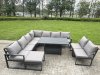 Fimous 10 Pieces Aluminium Garden Furniture Set with Cushions, Patio Furniture Set with Adjustable Rising Lifting Dining Table 2 Small Footstools Dark Grey
