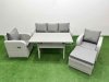 Fimous PE Rattan Garden Furniture Set Reclining Chair Sofa Lounge Sofa Set Rectangular Dining Table Big Footstool Light Grey