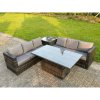 Fimous 6 Seater PE Rattan Corner Sofa Set Rising Adjustable Dining Table Set High Side Table With Seat And Back Cushion