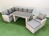 Fimous 8 Seater Wicker Rattan Corner Sofa Sets Outdoor Garden Furniture Sets with Rectangular Dining Table Lounge Sofa Big Footstool Armchair Light Grey