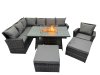 Fimous Poly Rattan Outdoor Patio Gas Firpit Dining Table Corner Sofa Set with 2 Big Stools Chair for Garden Backyard Dark Grey Mixed