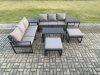 Fimous Aluminium Patio Outdoor Garden Furniture Lounge Sofa Set with Oblong Coffee Table 2 Big Footstools 2 Side Tables Dark Grey