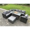 Fimous Rattan Garden Furniture Sofa Set Outdoor Patio Gas Fire Pit Dining Table Gas Heater Burner With Side Table Armchair Big Footstool 8 Seater Dark Grey Mixed