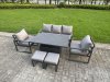 Fimous 7-Piece Aluminium Garden Furniture Sets 6 Seater Outdoor Sofa Set with Adjustable Rising Lifting Dining Table 2 Chairs Big Footstool 2 Side Tables