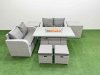 Fimous 6 Seater Outdoor Love Sofa Set Rattan Garden Furniture Set with Firepit Dining Table 2 Small Stools 2 Side Tables Light Grey