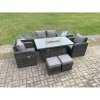 Fimous Rattan Garden Furniture Set Outdoor Patio Gas Fire Pit Dining Table and Chairs with Love seat Sofa Footstool 2 Side Tables