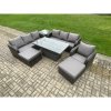 Fimous PE Rattan Outdoor Garden Furniture Sets Height Adjustable Rising lifting Dining Table Sofa Set with Side Tables Reclining Chair 2 Big Footstool