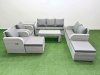 Fimous PE Rattan Garden Furniture Set Adjustable Chair Sofa Double Love Seat 2 Seater Sofa Lounge Set Rectangular Coffee Table 2 Big Footstool Side Table Light Grey