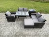 Fimous 6 Seater Wicker PE Rattan Garden Dining Set Outdoor Furniture Sofa with Rectangular Dining Table Double Seat Sofa Big Footstool Side Table Dark Grey Mixed