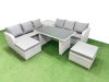 Fimous 8 Seater Rattan Outdoor Dining Table 3 Seater Sofa Set with Side Table 2 Big Stools Light Grey