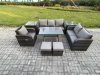 Fimous 8 PCS Outdoor Lounge Sofa Set Wicker PE Rattan Garden Furniture Set with Rectangular Dining Table Armchair 2 Small Footstools Dark Grey Mixed